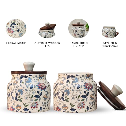 Image of Vistas 'Blue Bloom' Airtight 380ml Set of 2 Ceramic Jar for Kitchen Storage | Handcrafted Ceramic Barni with Wooden Lid | Multipurpose Pickle, Spice & Salt Container