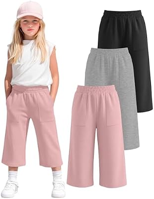 Langyiwee Girls Wide Leg Capri Pants 3 Pack - 3-Color Set, 7-8 Years