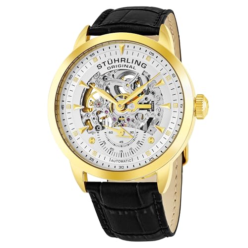 Stuhrling Original Mens Skeleton Automatic Dress Watch for Men with Alligator Embossed Leather Watch Strap & Mechanical Automatic Skeleton Watch Movement, Gold
