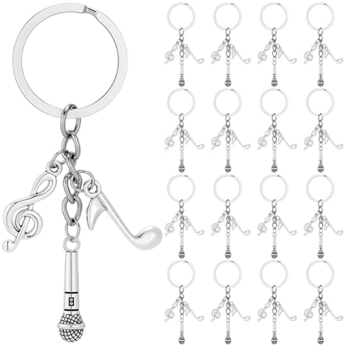SUNNYCLUE 1 boîte de 20 pièces, ensemble de porte-clés musicaux en métal, porte-clés en forme de notes de musique, lot de charms punk musicaux en argent antique, micro, avec anneau, pendentifs, porte-