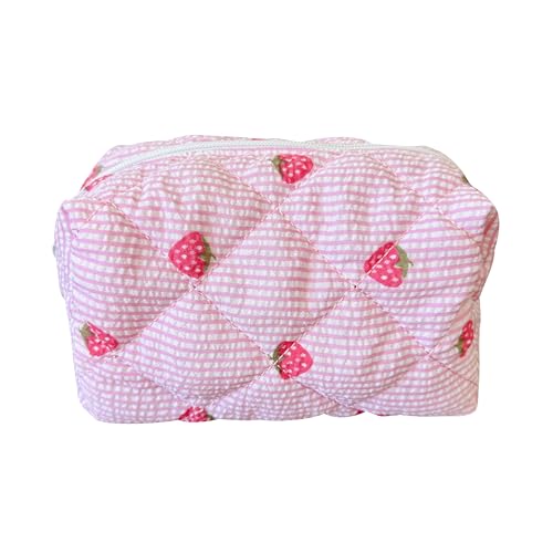 ZUNUONUO Cotton Quilted Makeup Bag Coquette Accessories Make up Bag Organizer Cute Cosmetic Pouch Travel Makeup Bag for Women strawberry