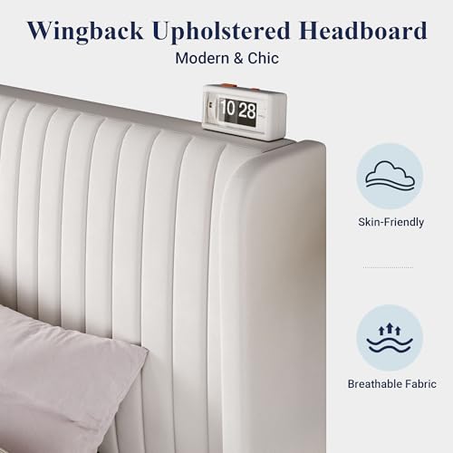 Image of Allewie Full Size Velvet Bed Frame /Vertical Channel Tufted Wingback Headboard /Upholstered Platform Bed /Strong Wooden Slats /No Box Spring Needed /Easy Assembly /White