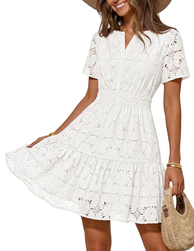 MEROKEETY Women's Summer Lace Boho Mini Dress 2026 Short Sleeve Floral Eyelet A Line Vacation Beach...