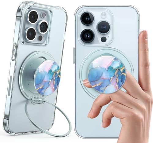 Typecase Magnetic Phone Grip Holder: Adjustable Finger Ring Kickstand - Adapter Ring Included - Phone Grips for Back Compatible with iPhone Android Kindle Accessories - Blue Marble