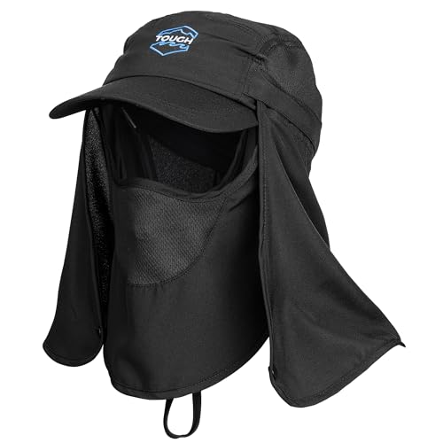 Tough Headwear Fishing Cap w/Face Mask & Neck Flap - Sun Protection Hat with UPF 50 -Landscaping Hats for Women and Men Black