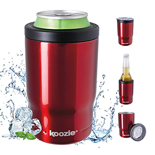KOOZIE Stainless Steel Triple 3-in-1 Can Cooler, Bottle or Tumbler with Lid for 12 oz Standard Cans | Double Wall Vacuum Insulated for Hot and Cold Drinks (Red)