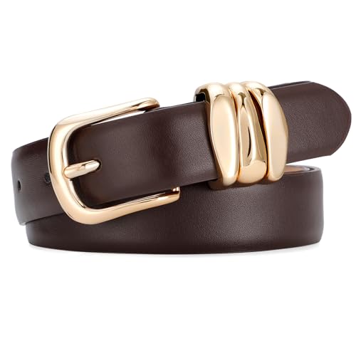 SANSTHS Womens Belt with Statement Triple Gold Keeper Loops, Stylish Ladies Waist Belt for Jeans Dresses Formal Wear, Coffee XS