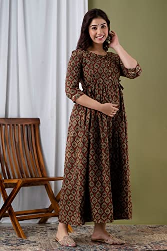 Image of Women's Feeding Kurta Cotton | Floral Anarkali Pregnancy Kurta with Nursing Zipper | Pre & Post Partum | Maternity Dresses | Mom to Be Gift