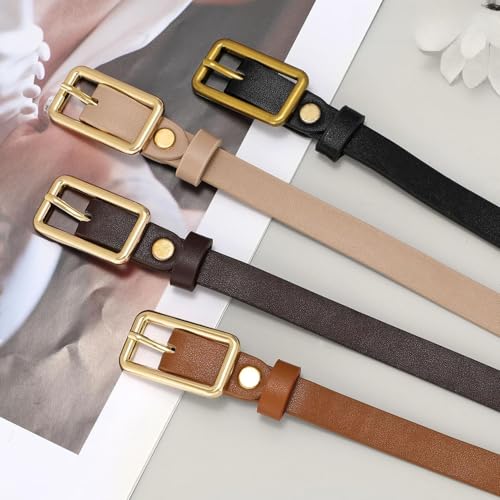 2 Pack Women's Skinny Genuine Leather Belt Rectangle Gold Buckle Black Belt4