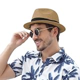 Panama Hat Straw Fedora Hat for Men Women Packable Short Brim UPF 50+ UV Sun Protection Summer Beach Hat Khaki