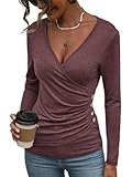 EasyGala Womens Long Sleeve Deep V Neck Tops Wrap Ruched Slim Fit Shirts Button Side Blouse Sexy Going Out Tops Fall Outfits 2025 Burgundy X-Large
