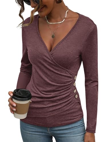 EasyGala Womens Long Sleeve Deep V Neck Tops Wrap Ruched Slim Fit Shirts Button Side Blouse Sexy Going Out Tops Fall Outfits 2025 Burgundy X-Large