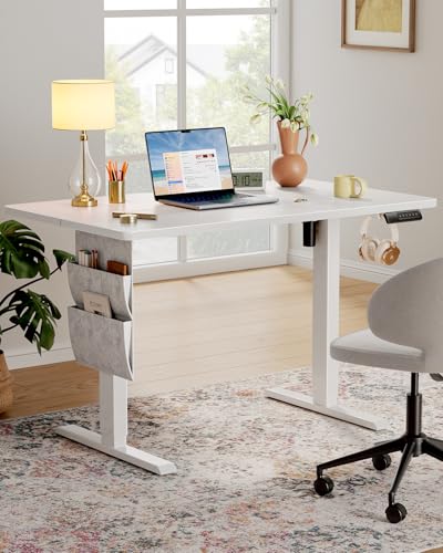 Image of Marsail Standing Desk Adjustable Height,48 inch*28 inch Electric Standing White Desk with Storage Bag,Sit Stand up Desk for Home Office Writing Computer Desk,4 Memory Preset with Headphone Hook,Cable Manager