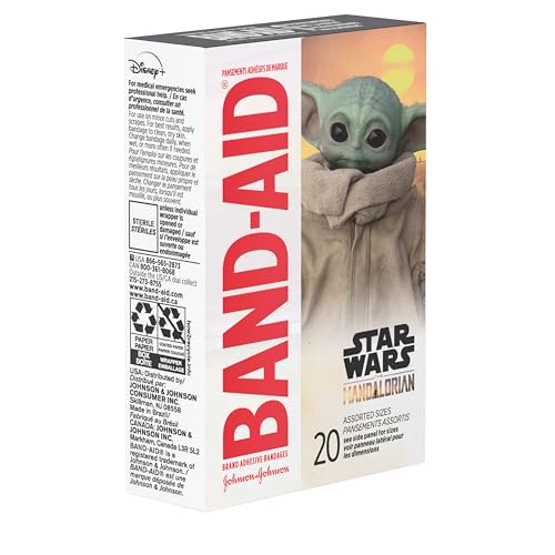 Image of Band-Aid Brand Adhesive Bandages for Minor Cuts & Scrapes, Wound Care Featuring Star Wars The Mandalorian Characters for Kids and Toddlers, Assorted Sizes 20 ct (Pack of 3)
