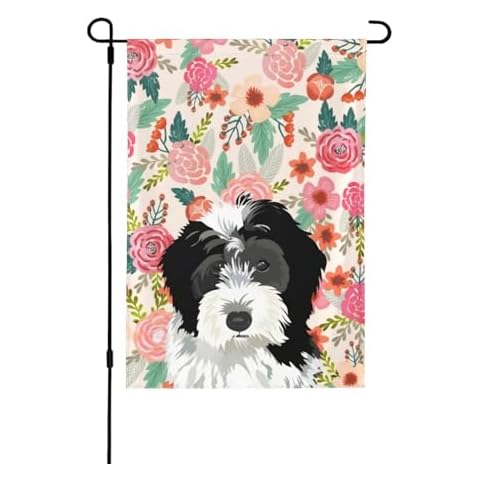 Cute Bernedoodle Dog Lovers Funny Garden Flag Double Sided Printing Vertical Pink Florals Flowers Garden Flags For All Seasons Outdoor Home Patio Yard Flag Banners Farmhouse Decorations 12.5"X18" Inch Cover