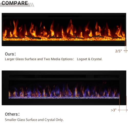 60 inch Electric Fireplace, 4.3" Ultra-Thin Electric Fireplace Inserts, Ultra-Narrow Frame, Wall Mounted and Recessed Fireplace, Log & Crystal, Touch Screen & Remote Control, 1500W