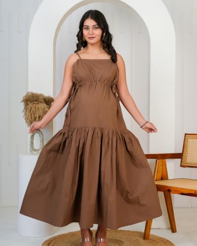 Image of Brown Strappy Maxi Dress, Tiered Flared Silhouette, Square Neck, Drawstring Waist