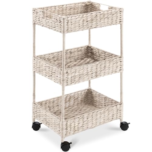 Best Choice Products 3-Tier Water Hyacinth Rolling Nursery Caddy w/Wheels, Utility Cart, Storage Organization for Bathroom, Craft Room, Laundry Room - Whitewash