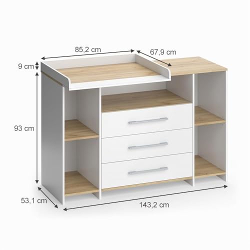 Miniatura 2 de Vicco Cómoda Cambiador Oskar, Roble Blanco Dorado, 143.2 X 93 Cm Con 3 Cajones, Apto Como Cambiador Con Zona De Almacenamiento Ampliable