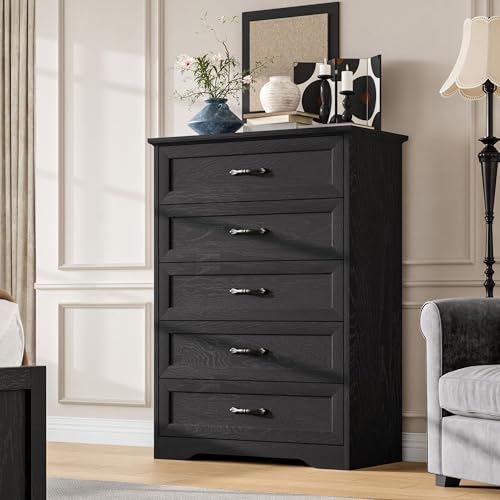 GAOMON Farmhouse 5 Drawers Dresser for Bedroom, 44'' Tall Chest of Drawer, Wooden Vertical Dresser with Metal Handles and Stable Base, Modern Cabinet for Bedroom, Living Room, Beige