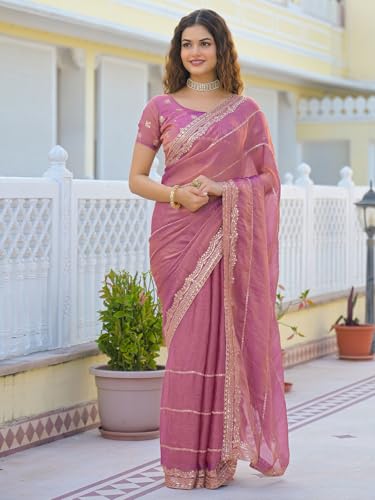 Image of Satrani Women's Shimmer Chiffon Scalloped Border Sequins Embroidery Saree with Unstitched Blouse Piece