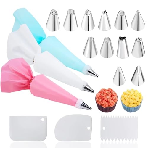 Sac à poche con beccucci, 21 pezzi, set di beccucci, accessori per torte con beccucci, in acciaio inox, sacchetti da pasticcere in silicone per cupcake, decorazione torte, torte