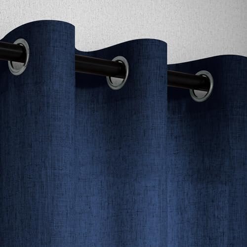 Navy Blue Linen Curtains 100 inches Long for Bedroom Grommet Eyelet Light Filtering Privacy Sheer Blue Curtains Boho Farmhouse Nautical Decor Indigo Blue Cotton Textured Draperies 2 Panel Floor Length by Pitalk - Image 6