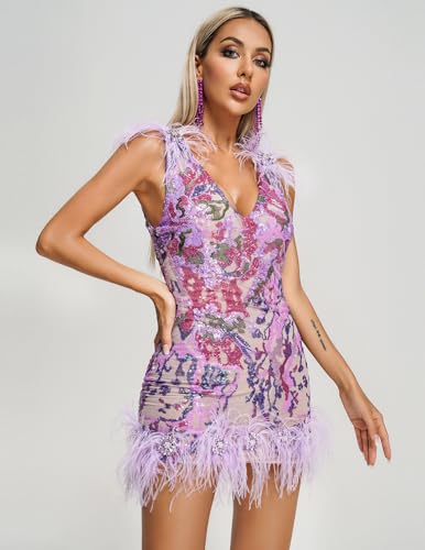 BELLA BARNETT Purple Feather Dress Floral Sequin Dress for Women Embroidery Birthday Dress Glitter Cocktail Dress2