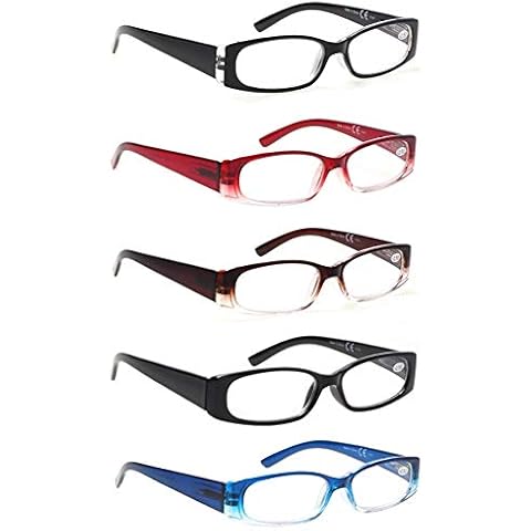 5 Pack Spring Hinge Reading Glasses Rectangular Fashion Quality Readers for Men and Women (5 Pack Mix, 1.5)Medium Cover
