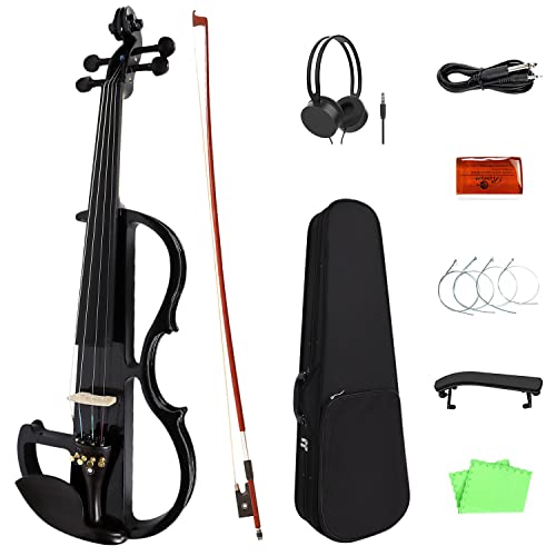 Diorrin Full Size Electric Violin Set, 4/4 Solid Wood Silent Fiddle For Beginners, Black Metallic Varnish With Ebony Fittings #TOP2