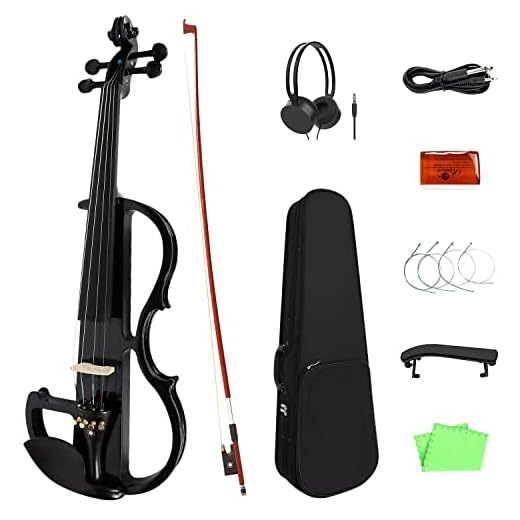 Diorrin Full Size Electric Violin Set, 4/4 Solid Wood Silent Fiddle for Beginners, Black Metallic Varnish with Ebony Fittings