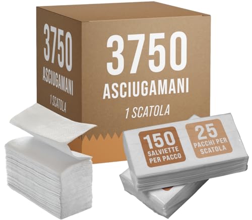 3750 Asciugamani di Carta in Pura Cellulosa Ripiegati a Z, a 2 Veli (25 confezioni da 150) - Salviette di carta intercalati monouso, per Uffici, Ristoranti, Bar, Hotel, Spazi Commerciali