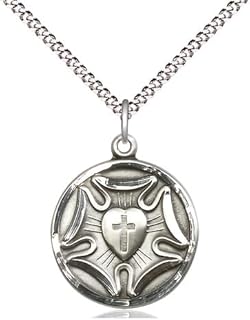 Medium Sterling Silver Round Lutheran Rose Medal Pendant Charm Necklace