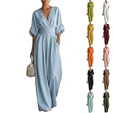 Mono Mujer Elegante Color Liso Media Manga Cuello en V - Ropa De Mujer Mono Único Casual Elegante, Monos Cintura Entallada con Bolsillo Cómodos Exquisito Azul Cielo 3XL