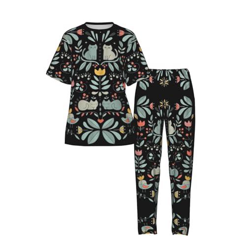 Pyjama confortable à manches courtes imprimé chats et fleurs S-3XL - 4