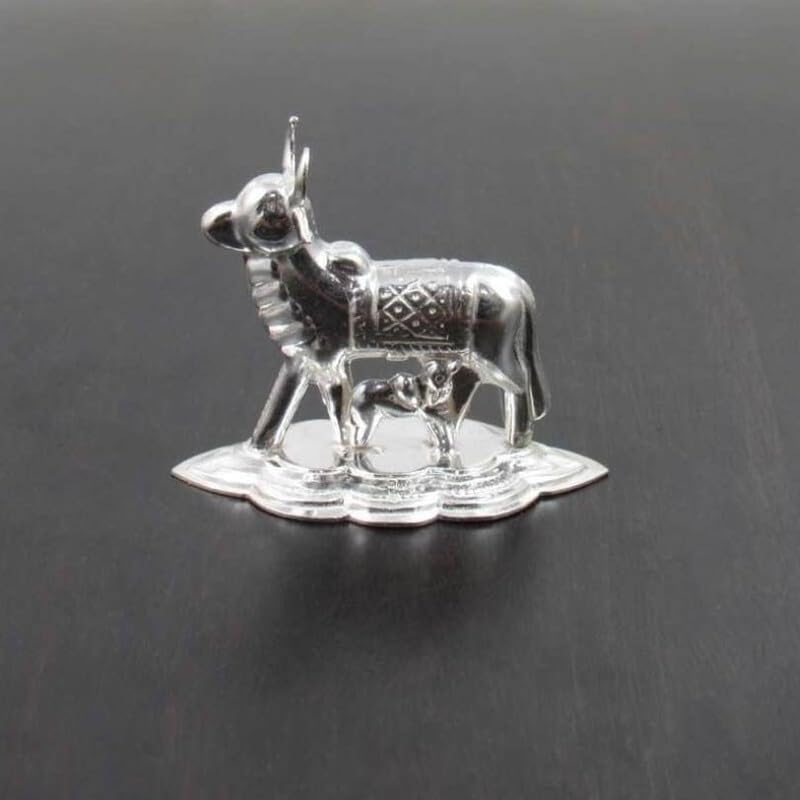 Image of Silver Cow and Calf Idol /Kamdhenu Cow for Pooja, Gifting for Home, Baby Shower and Housewarming Return Gift | Handcrafted | Worship God | Silver Gay Bachiya | Chandi Ki Gay Bachda