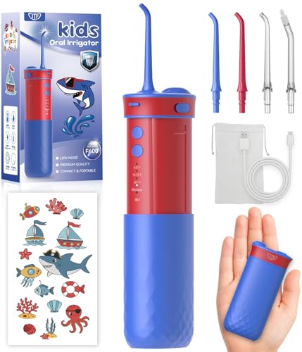 JTF Irrigador dental de agua para niños: irrigador oral portátil recargable con 4 modos de hilo dental de 230 ml, tanque de 4 puntas, bolsa de viaje, calcomanías impermeables, hilo dental eléctrico