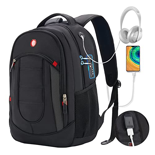 Omnpak 15.6 Inch Laptop Backpack for Men, Anti-Theft Travel Computer Bag with USB Charging Port, Water Resistant Multi-functional Business Backpack with Laptop Compartment, Black