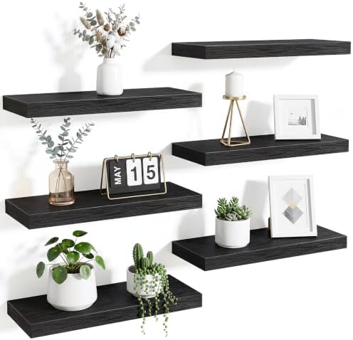 Fixwal Floating Wall Shelves for Decor (Black, Set of 6, 15.7 Inc...