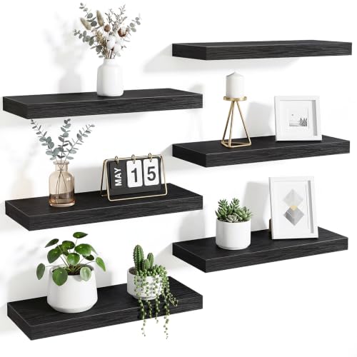 Fixwal Floating Wall Shelves for Decor (Black, Set of 6, 15.7 Inch)