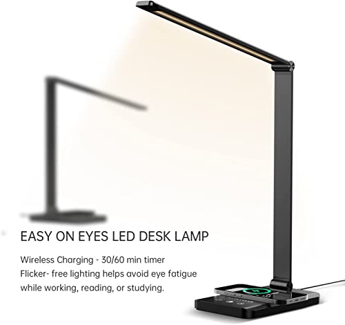 Ambertronix Led Desk Lamp With Wireless Charger, Usb Charging Port, Dimmable Eye-Caring Reading Desk Light For Home, With 5 Brightness Level & 5 Lighting Modes, Touch Control, Auto Timer (Black) #TOP6