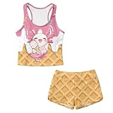 Epaihaiy Kawaii Ice Cream Axolotl Swimsuits for Girls 2 Piece Swim Dress Little Kids Quick Dry Bathing Suits with Shorts Summer Fashion for Summer Vacation Beach Wear for Age 8-9 Years Old