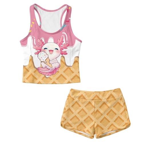 Epaihaiy Kawaii Ice Cream Axolotl Swimsuits for Girls 2 Piece Swim Dress Little Kids Quick Dry Bathing Suits with Shorts Summer Fashion for Summer Vacation Beach Wear for Age 8-9 Years Old