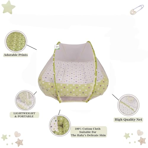Image of Toddylon Baby Bed Bedding Set for New Born Baby | Bed Mattress | Mosquito Net | Neck |Cotton | Travel Bed | Essentials | Toddlers | Infants | Baby Boy Girl (0-12 Months) Green
