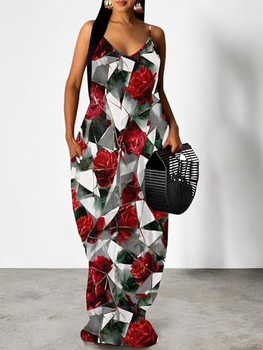 Image of Women Spaghetti Strap Maxi Dress with Pockets | Soft fabric relaxed fit sleeveless v neck with pockets for party and daily wear