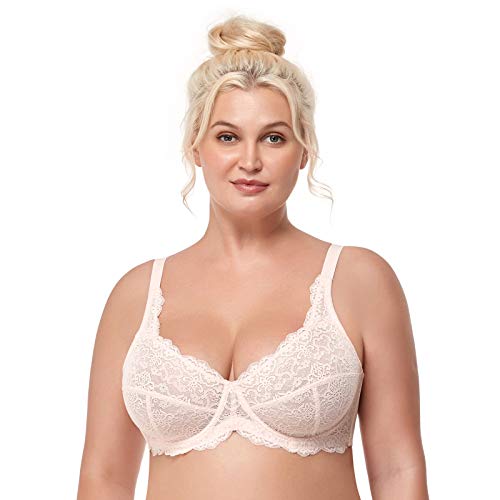 HSIA Underwire Minimizer Bra Women's Unlined Plus Size Bra Full Bust Sheer Bra Sexy Lace Unpadded Bra 34C-44DDD Dusty Peach