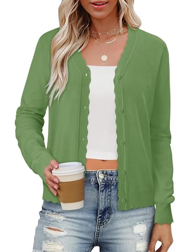 onlypuff Cardigan for Women Dressy Button Down Sweaters V Neck Open Front Work Cardigans Trendy Clothes Long Sleeve Knit Green M