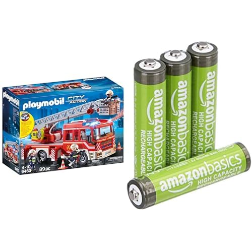PLAYMOBIL Camión Bomberos, Escalera/luz/Sonido, 5+ años, 9463, & Pilas AAA Recargables Amazon Basics 4 unid, 850mAh