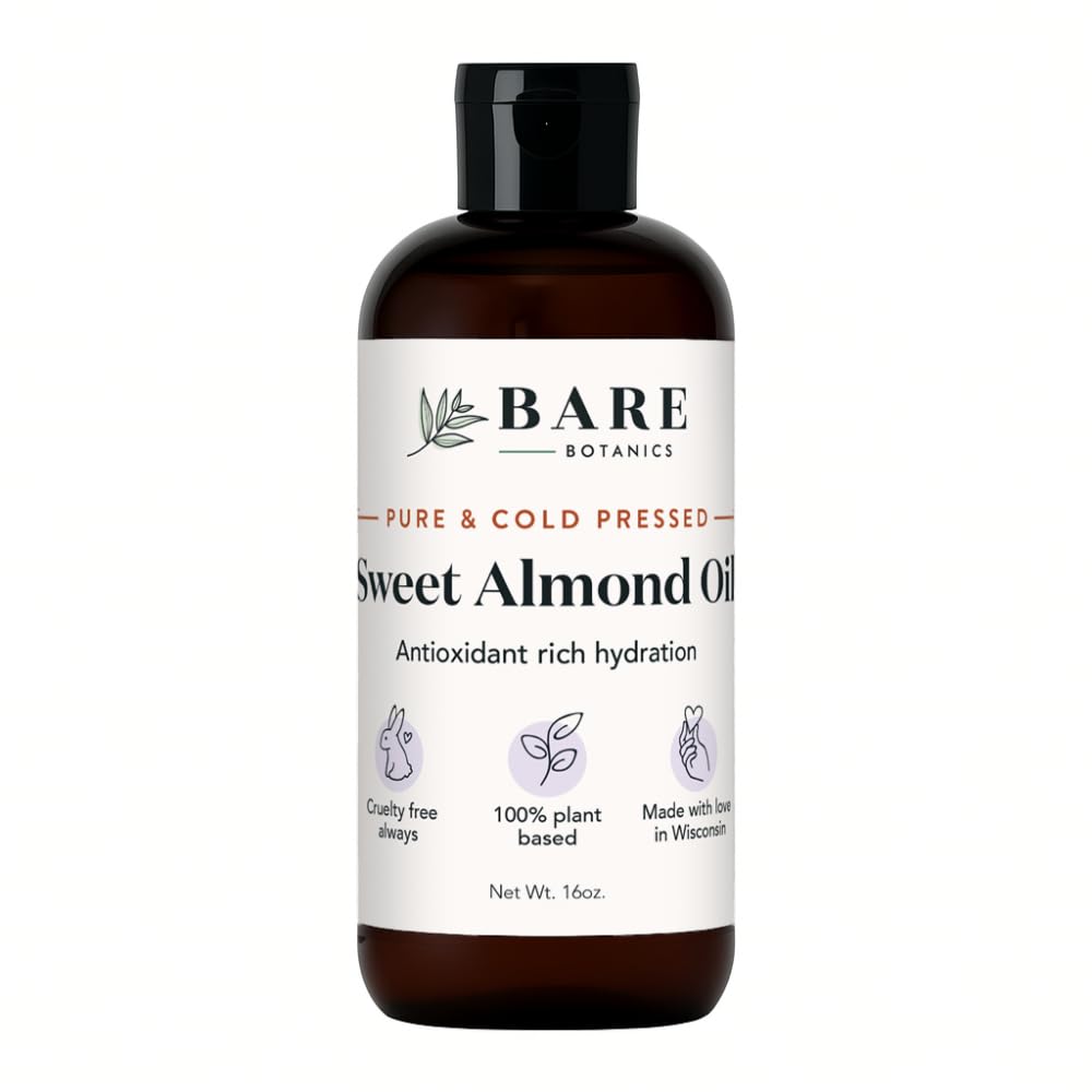 Bare Botanics 100% Pure Sweet Almond Body Oil 16 oz – Cold Pressed & Natural for All Over Moisturization – Multipurpose Carrier Oil for DIY – Hydrate Dry Skin, Hair & Body – Vegan, Cruelty Free Beauty