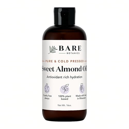 Bare Botanics Aceite corporal de almendras dulces 100% puro, de 16 onzas, prensado en frío y natural para una hidratación completa, aceite portador